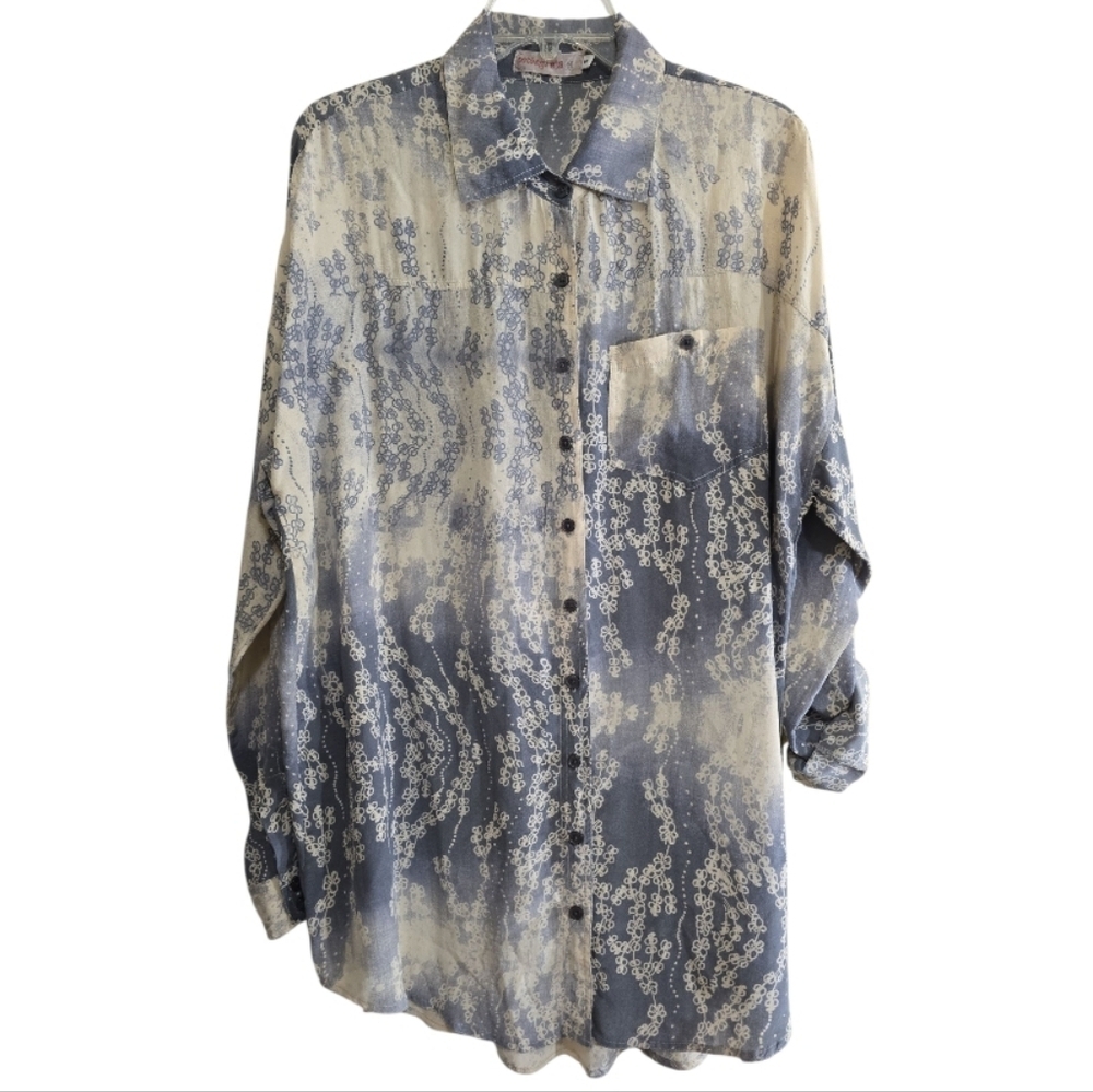 Johnny Was Pete & Greta Silk Denim Look Printed Button Up Top Shirt Small